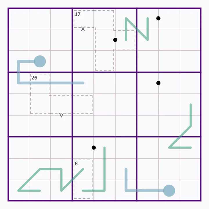 Southern Whisper Elbow and Four Dots — a 9×9 VariantDoku puzzle